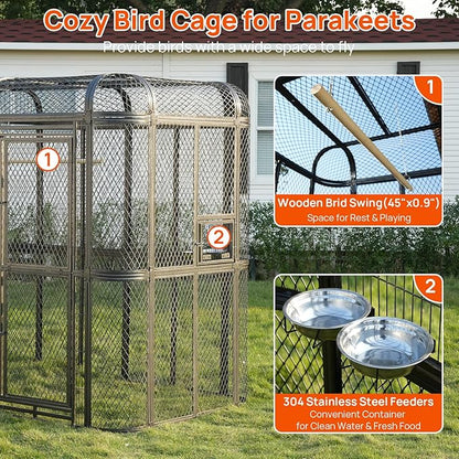 Large Walk-in Cage 77-inch Heavy Duty Birdcage Outdoor Diamond Grid Aviary Parrot Cage Wide Flight Metal Birdcage for Macaw Budgie Conure Lovebird Parakeet Cockatiel, 6.4x3.87x5.91ft, Silver