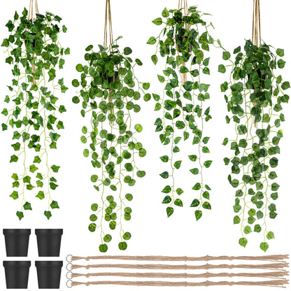 Folmywy 4 Pack Artificial Hanging Plants Vines with Pot Fake Vine Potted Plant Mixed Greenery Leaves Plant Theme Classroom Decoration for Indoor Outdoor Living Room Office Shelf