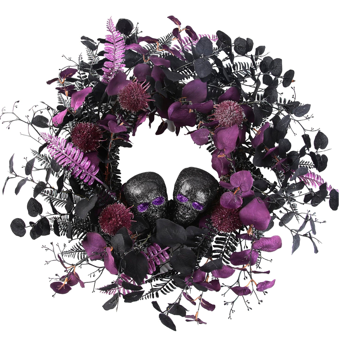 BINFEN 20" Halloween Wreaths for Front Door, Black Glitter Skulls Purple Eucalyptus Leaves Halloween Horror Decor, Gothic Party Room Decoration