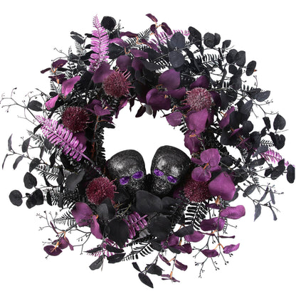 BINFEN 20" Halloween Wreaths for Front Door, Black Glitter Skulls Purple Eucalyptus Leaves Halloween Horror Decor, Gothic Party Room Decoration