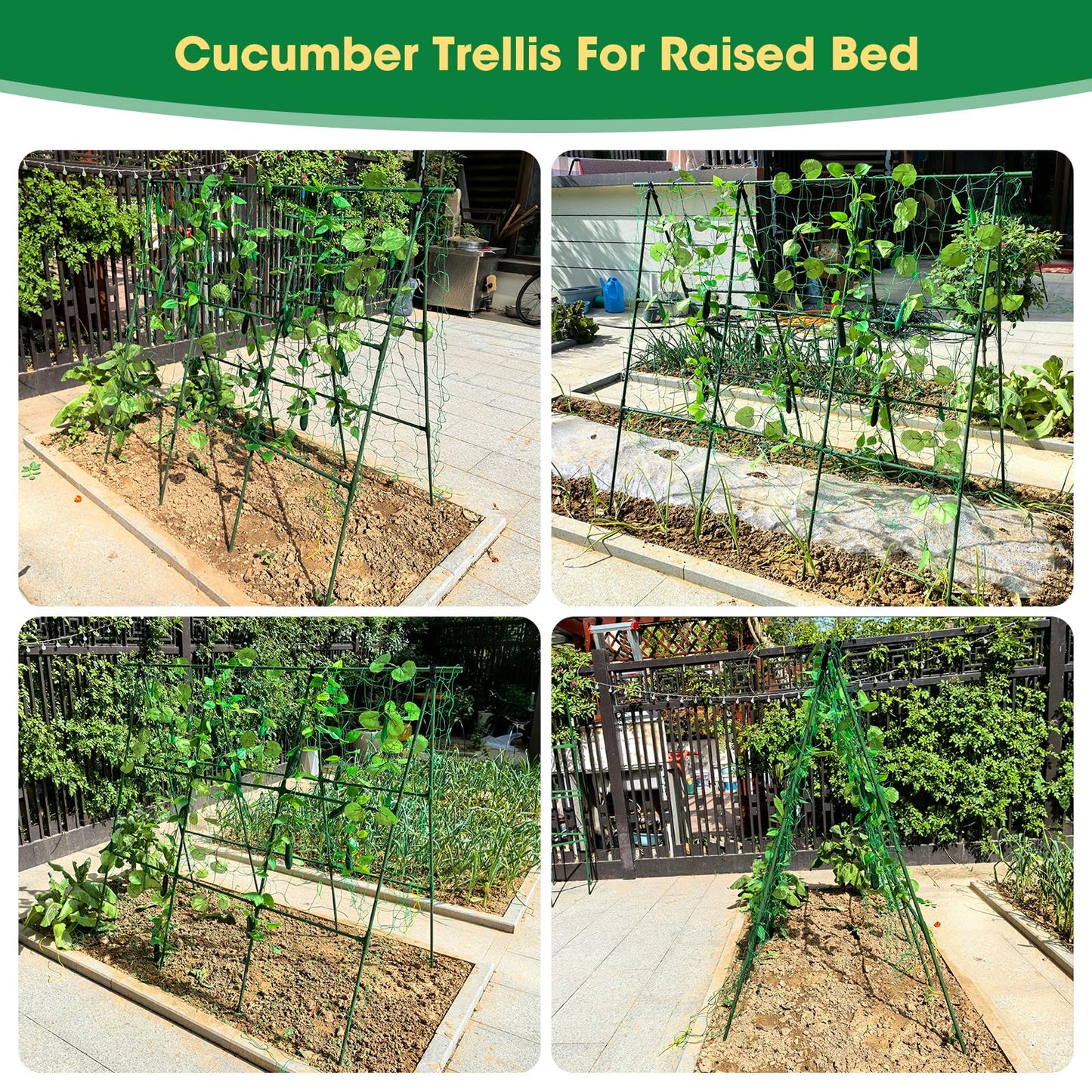 51" x 53" Cucumber Trellis for Raised Bed, A-Frame Garden Trellis for Climbing Plants Outdoor, Rust-Proof Metal Support for Tomato, Peas, Beans, Zucchini & Vines, with Netting & Clips