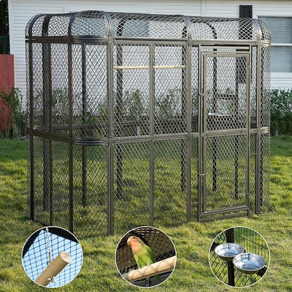 Large Walk-in Cage 77-inch Heavy Duty Birdcage Outdoor Diamond Grid Aviary Parrot Cage Wide Flight Metal Birdcage for Macaw Budgie Conure Lovebird Parakeet Cockatiel, 6.4x3.87x5.91ft, Silver