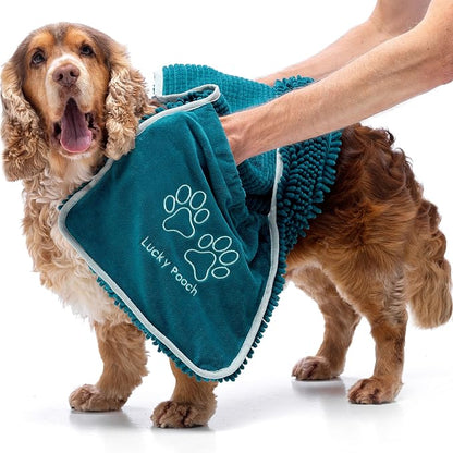 Lucky Pooch® Super Absorbent Shammy Dog Towel - Luxuriously Soft Hand Pockets – 34.5x12.5in – Quick Drying Microfiber Dog Bath Towel – Durable Dog Towels for Drying Dogs (Pack of 1, Teal)