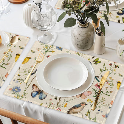 Vintage Bird Placemats Set of 6,Butterfly Flower Waterproof Heat Resistant Dining Table Plate Mat for Home Kitchen Dining Table 12x18Inch