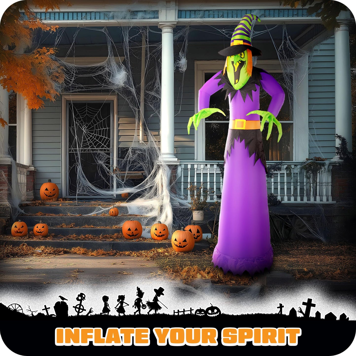 G128 10 ft Witch Halloween Inflatable Decor with LED Lights, Halloween Outdoor Holiday Yard Decoration, Fast Inflate, Weather-Resistant, Outdoor Use
