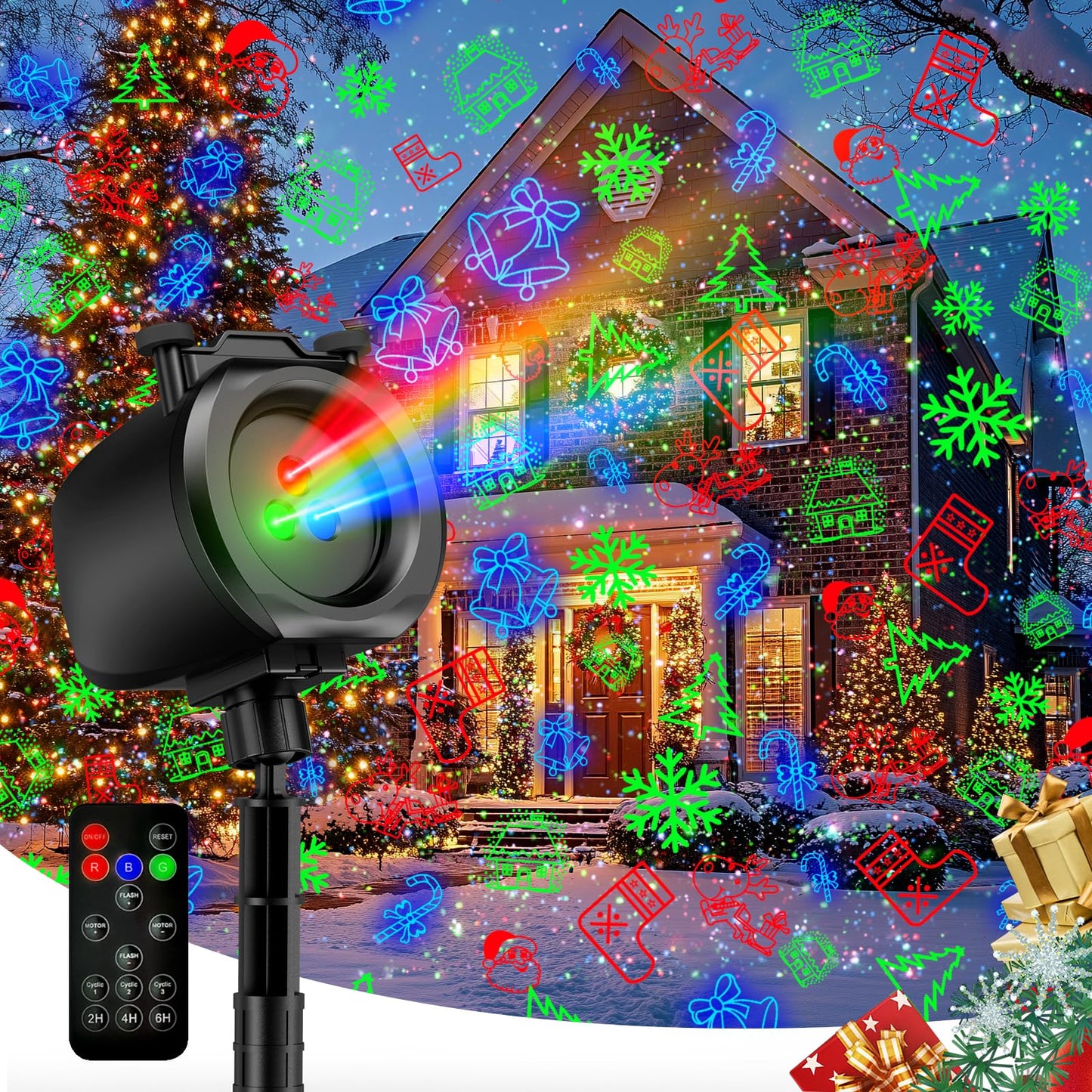 Christmas Lights Projector Outdoor, 2-in-1 Holiday Light Projector with 4 Slides & 8 Brighter HD Patterns, Moving RGB Firefly Effects Light for Christmas Decorations, Halloween, Yard & Garden