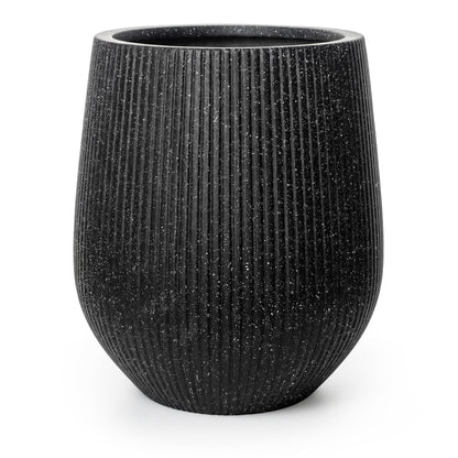 DTY Premium Mt Wilson Tall Tapered Fiberstone Planter for Indoor Outdoor Use, Modern Large Olive Tree Pot with Drainage Hole, 2 Coco Mats. Ribbed Black, Medium 15'' D x 16.7” H. 11.2” Pot Opening