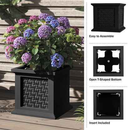Rattan Style Outdoor Planter Box - 14.65-Inch-Square Decorative Flower or Plant Pot - Garden, Patio and Front Porch Decor by Pure Garden (Black)