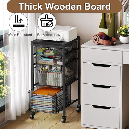 Slim Rolling Storage Cart with Drawers, Under Desk Storage with Wooden Tabletop & Lockable Wheels, 4-Tier Storage Drawers for Bathroom, Craft, Office, Black