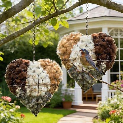 Handmade Alpaca Fiber Bird Nesting Heart – Refillable Bird Haven with 2 Nesting Material Refill Bags – Eco-Friendly Hanging Nest for Hummingbirds & Wild Birds, Garden & Yard Décor (1Sets)