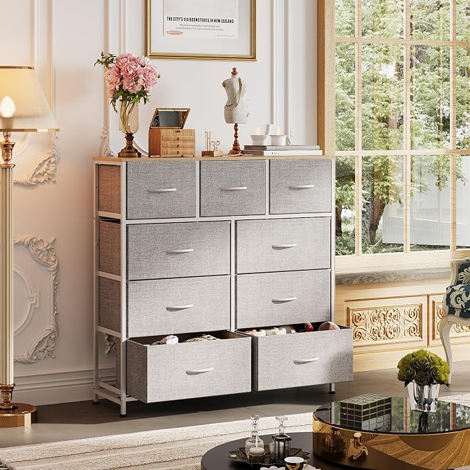 WLIVE 9-Drawer Dresser, Fabric Storage Tower for Bedroom, Hallway, Entryway, Closet, Tall Chest Organizer Unit with Fabric Bins, Steel Frame, Wood Top, Easy Pull Handle, Light Grey