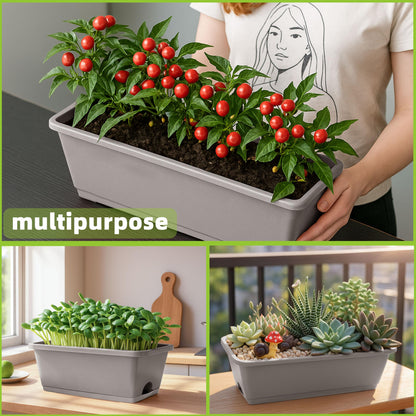 LOCONHA Window Box Planter, Plastic Vegetable Flower Planters Boxes 17 Inches Rectangular Flower Pots with Saucers for Indoor Outdoor Garden, Patio, Home Decor (12, French Grey)