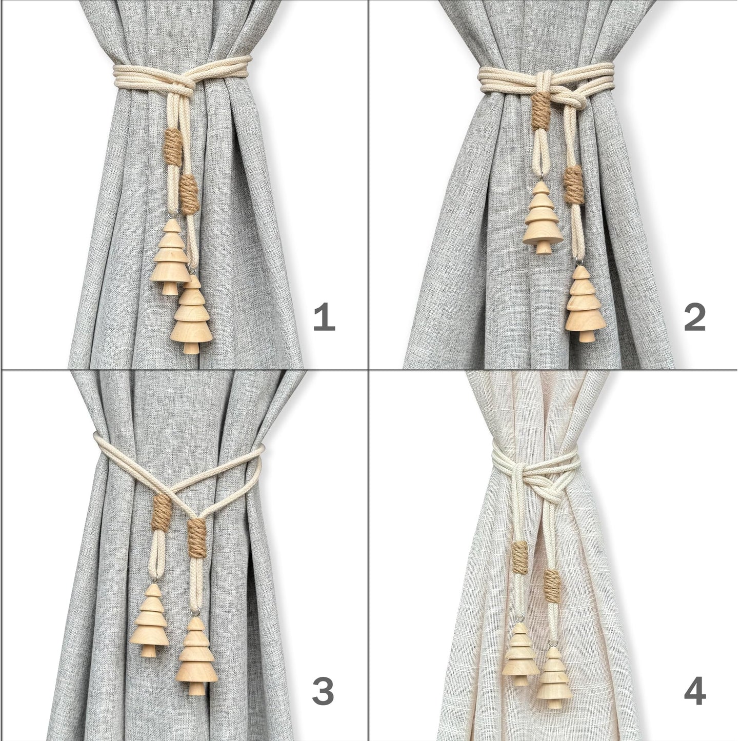 Curtain Tiebacks Farmhouse Holdbacks for Drapes, Boho Tie Backs for Curtains, Cotton Rope with Woody Christmas Tree for Home Decor, Natural Shabby Chic Drapery Holder, Pack-2