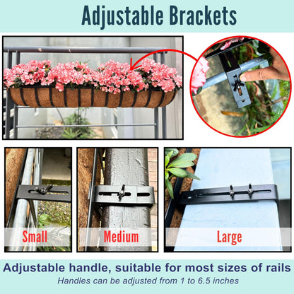 LaLaGreen Railing Planters Box (36", 2 Pack) Black Metal Rectangular Window Flower Box with Coco Liner, Extra Large Wall Hanging Planter for Outdoor Plants Deck Rail Fence Bracket Balcony Porch Garden