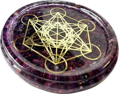 ZZYBIA LARGE 4" Amethyst Crystals Metatron's Cube Merkaba Coaster Water Charging Plate Energy Dome