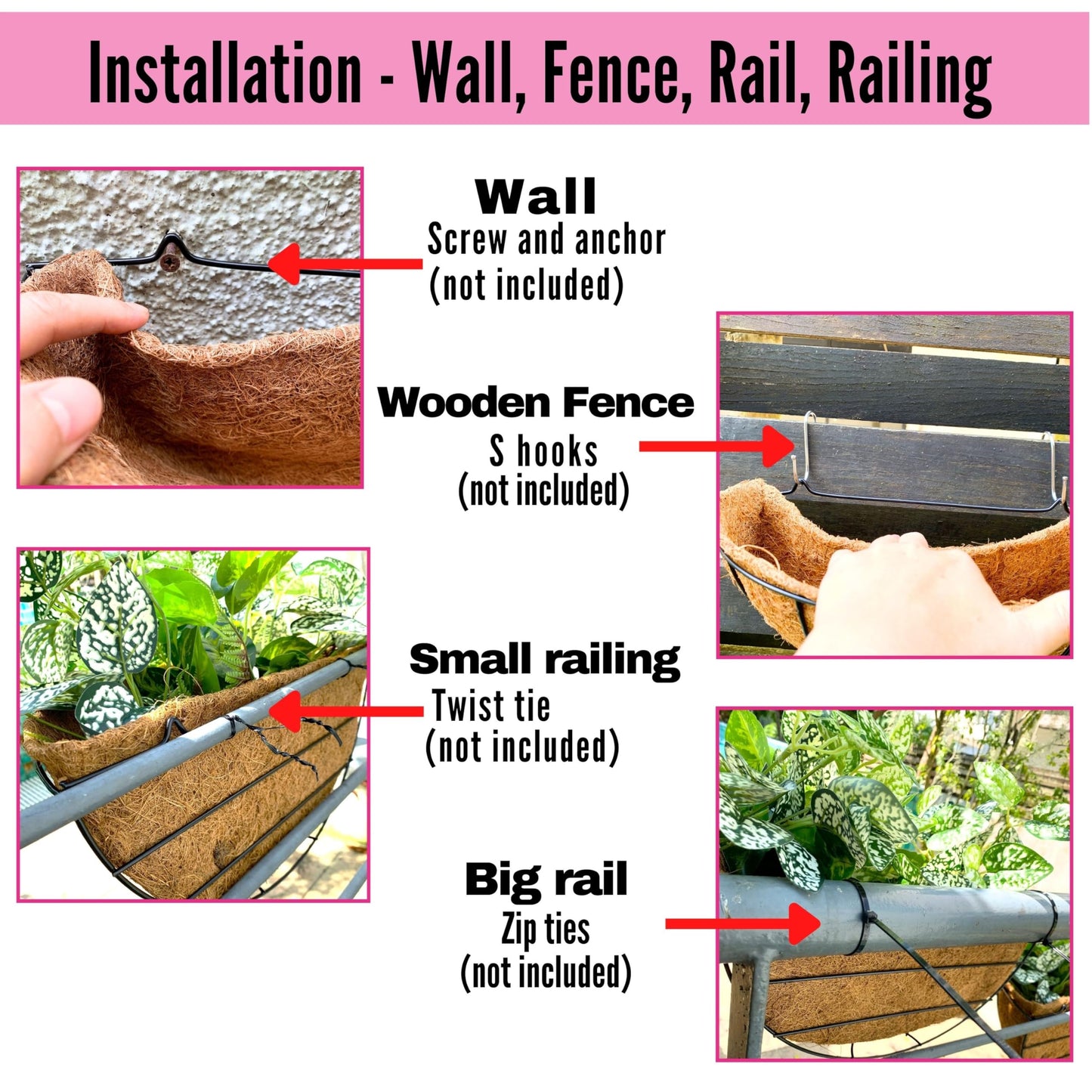 LaLaGreen Wall Hanging Planters, 4 Pack, 12 Inch Balcony Flower Baskets with Coco Liner Outside, Outdoor Vertical Garden, Fence Pots Holder Half Round Semi Circle Rail Railing Deck Porch Balcony Patio