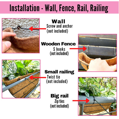 LaLaGreen Wall Hanging Planters, 4 Pack, 12 Inch Balcony Flower Baskets with Coco Liner Outside, Outdoor Vertical Garden, Fence Pots Holder Half Round Semi Circle Rail Railing Deck Porch Balcony Patio