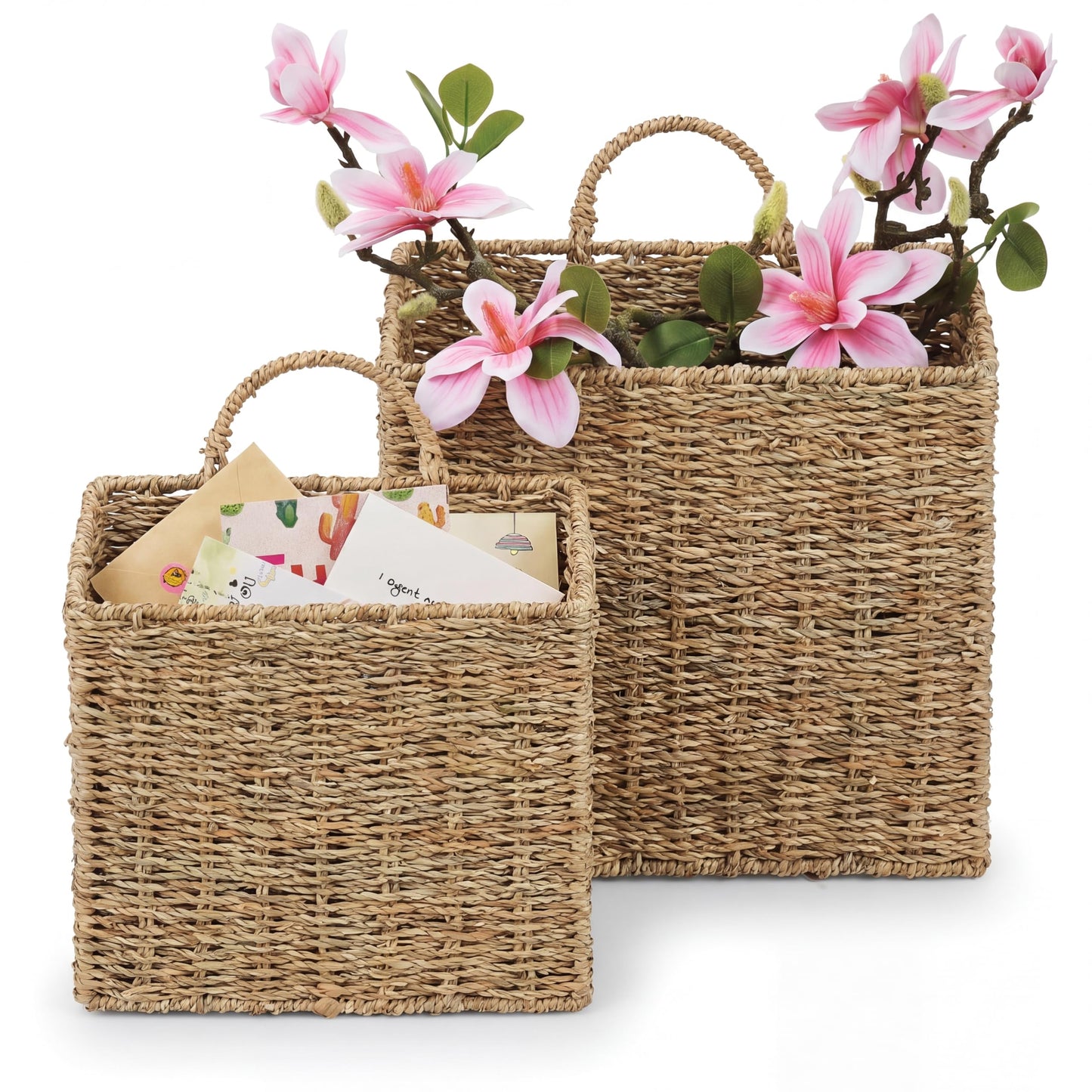 Set of 2 Wicker Hanging Basket for Organizing, Front Door, Mail, Flowers - Woven Wall Baskets for Storage (Natural Seagrass)