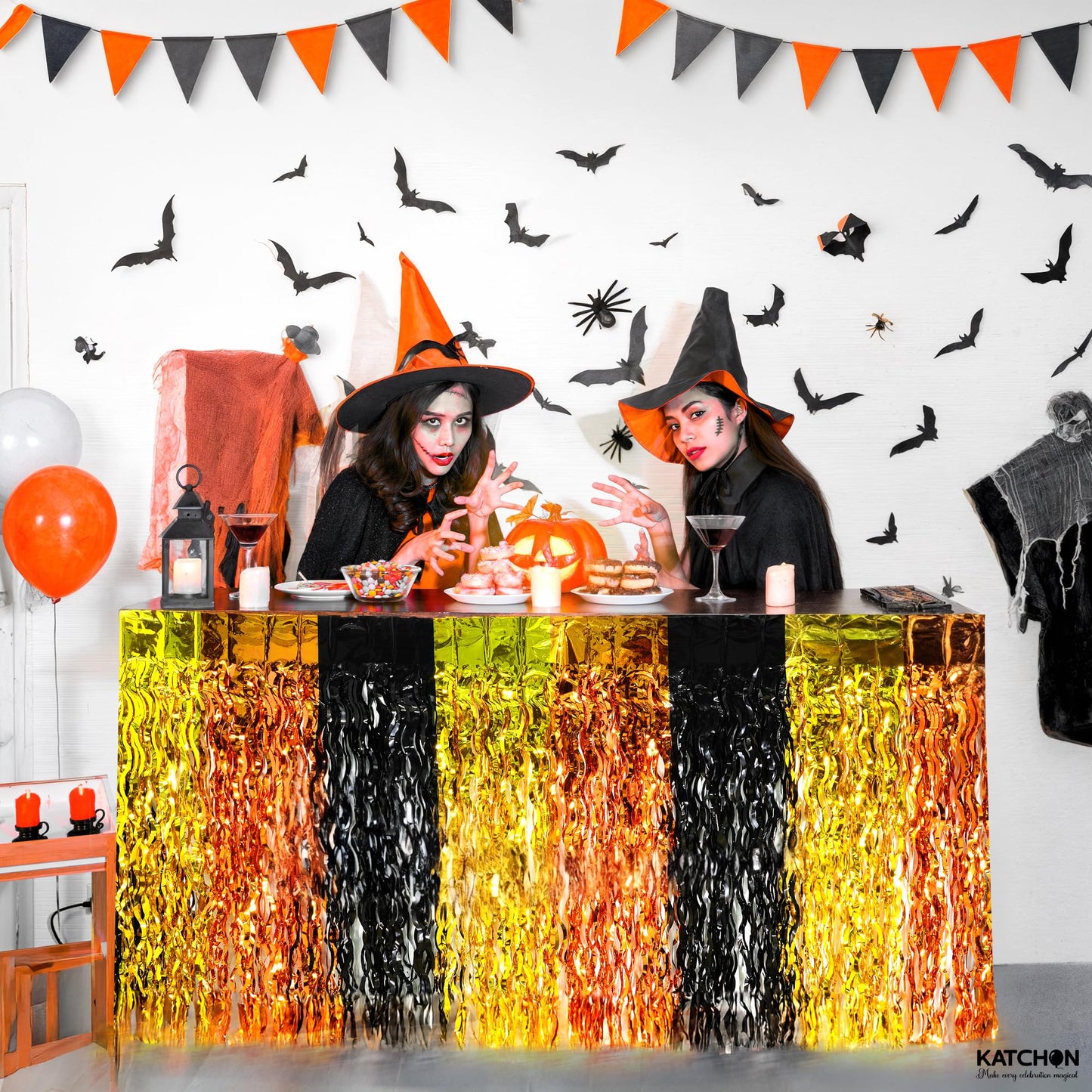 KatchOn, Black and Gold Table Fringe – Pack of 2 | Black, Gold, Orange Party Decorations | Tinsel Table Skirt Streamers for Graduation Decorations 2026 | Construction Party Decorations