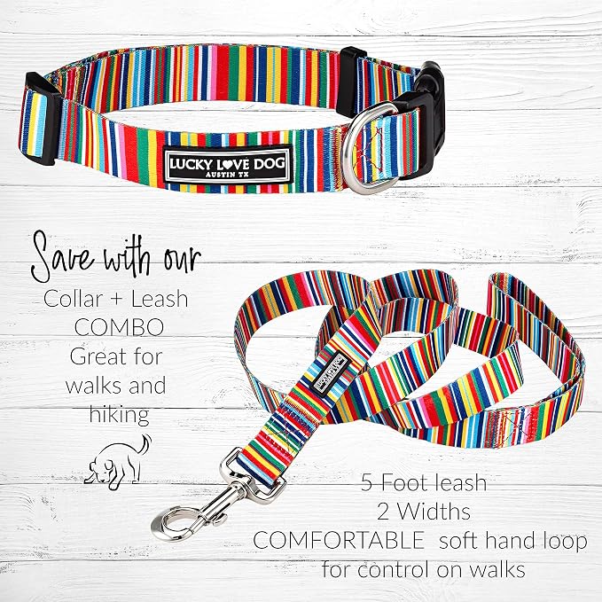 Lucky Love Dog - Easy Click Buckle Dog Collar with Leash Set Combo, Durable & Comfortable for Male & Female Dogs, Pet Collar for Large Dogs, Secure Fit - Hippie Combo, Large