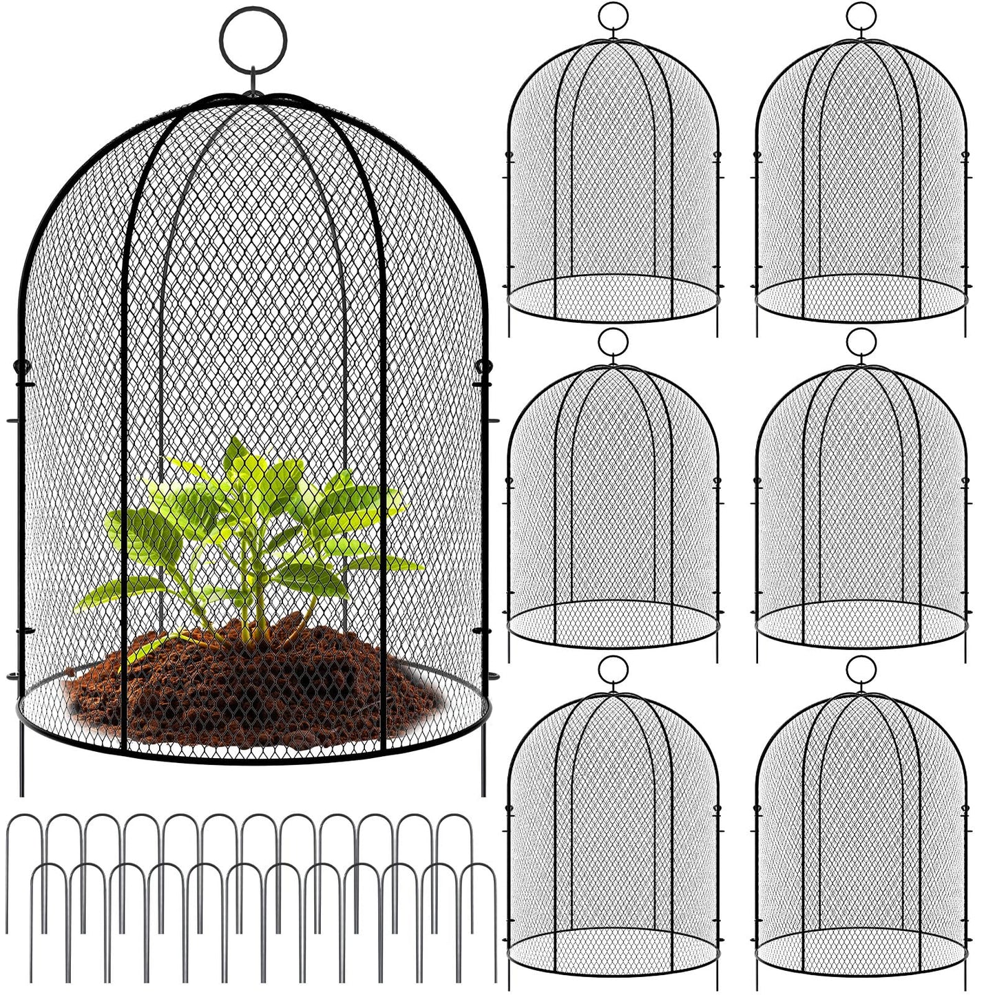 Novabright 6 Pack Garden Cloches for Plants 12" x 16" with Stakes & Zip Ties, Plant Covers from Animals Large Metal Mesh Chicken Wire Cloche Plant Protector Cage for Vegetable Garden Outdoor (Black)