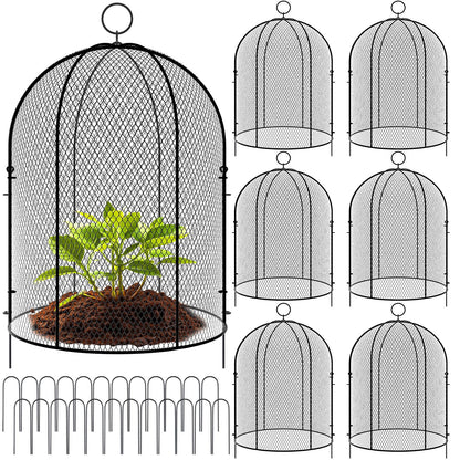 Novabright 6 Pack Garden Cloches for Plants 12" x 16" with Stakes & Zip Ties, Plant Covers from Animals Large Metal Mesh Chicken Wire Cloche Plant Protector Cage for Vegetable Garden Outdoor (Black)