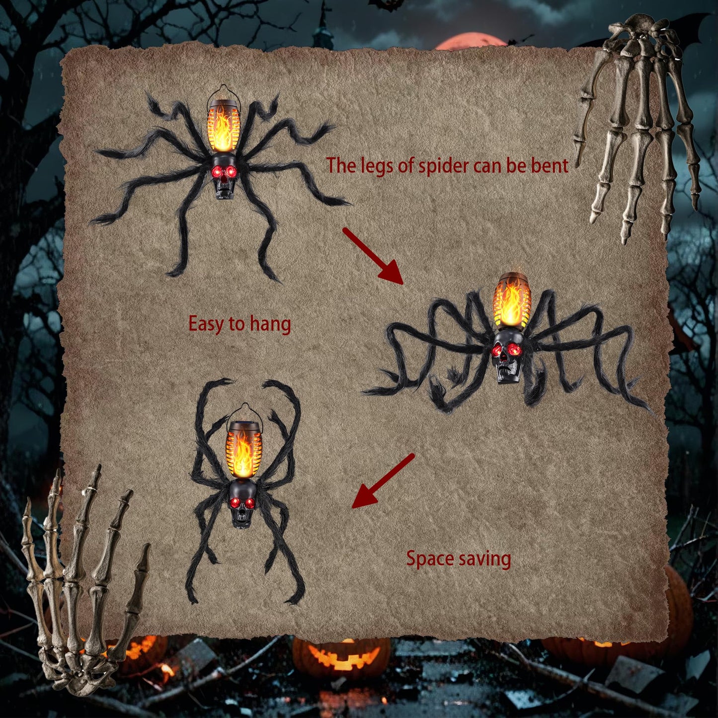 Halloween Skull Flame Lights with 8 Spider Tentacles 2 Pack- Solar Powered Outdoor Lighting Decoration for Halloween Parties, Gardens, and Haunted Displays (Orange, 2 Pack)