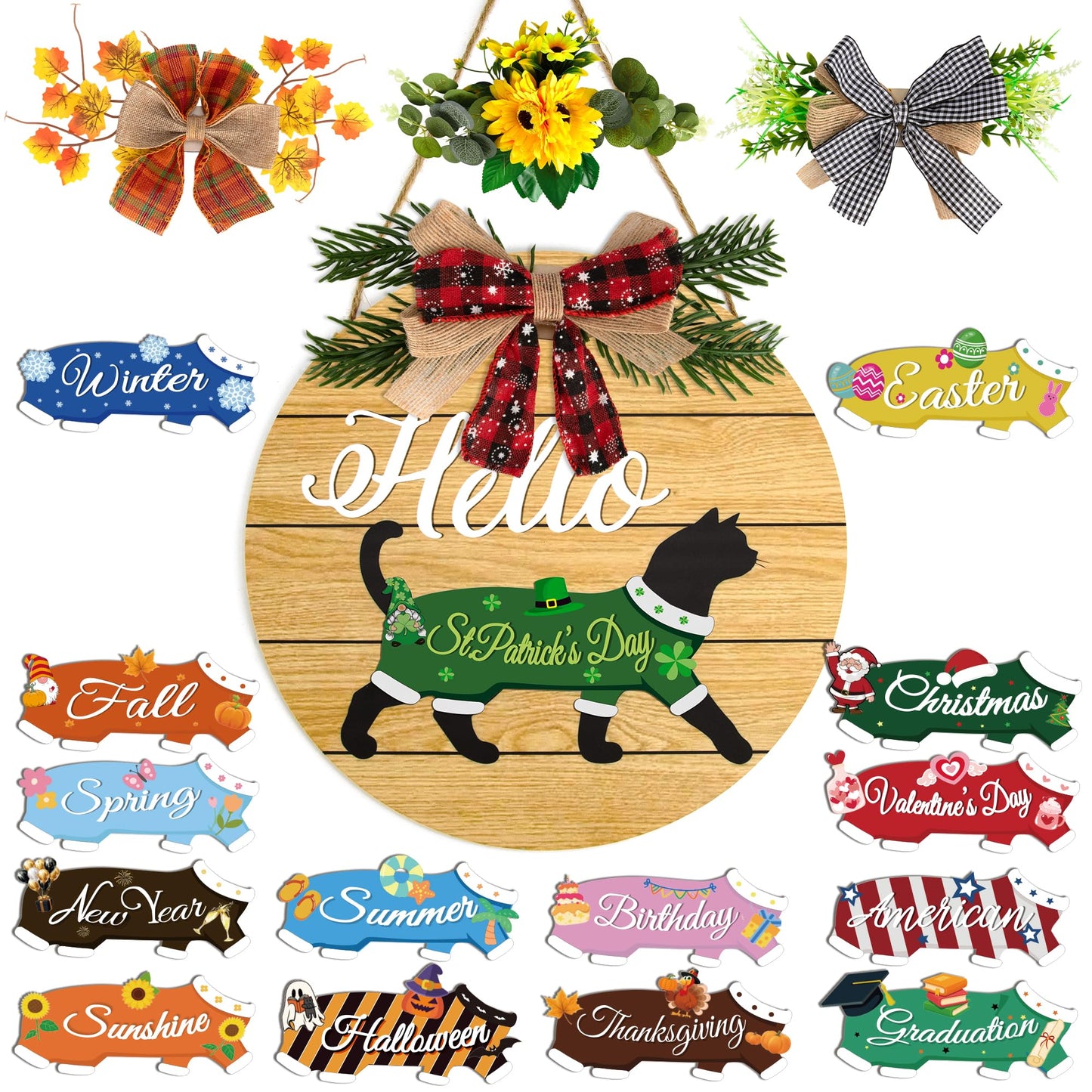 19pcs Interchangeable Welcome Sign Black Cat - Interchangeable Holiday Cat Decor Door Hanger, Upgraded Strong Magnet Extra Secure Fit, Seasonal Welcome Cat Wreaths Decoration for Front Door