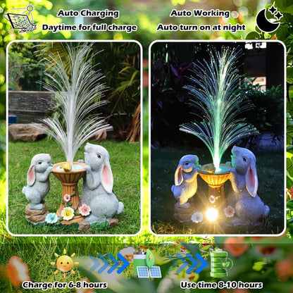 RCTTICUU Solar Rabbit Garden Statues Outdoor Decor with LED Lights, Resin Rabbits Figurine Lights Decorations Colour Changing Fiber Optical Light, Outside Lawn Decor for Yard, Unique Housewarming Gift
