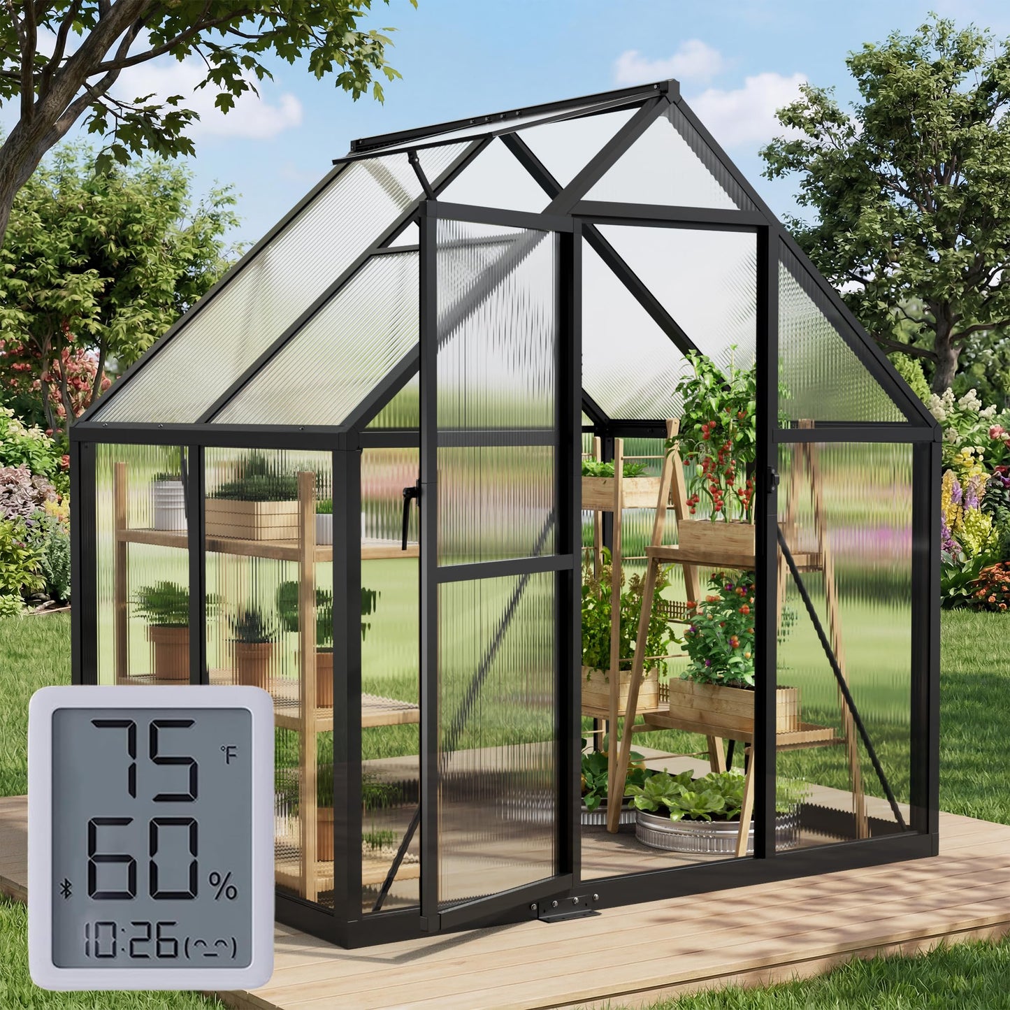 6x4FT Greenhouse with Hygrometer, Heavy Duty Aluminum Frame Polycarbonate Green House with Vent Window, Waterproof Windproof Warm Plant Greenhouses for Backyard Garden Vegetables Flowers Herbs Growing