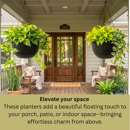 LaLaGreen Bundle- 3 Pack, 11 Black + 3 Pack, 11 Inch Brown Self Watering Hanging Plastic Basket Rattan Style Round Plant Flower Pots with Water Level Indicator Balcony Porch Modern Indoor Garden Decor