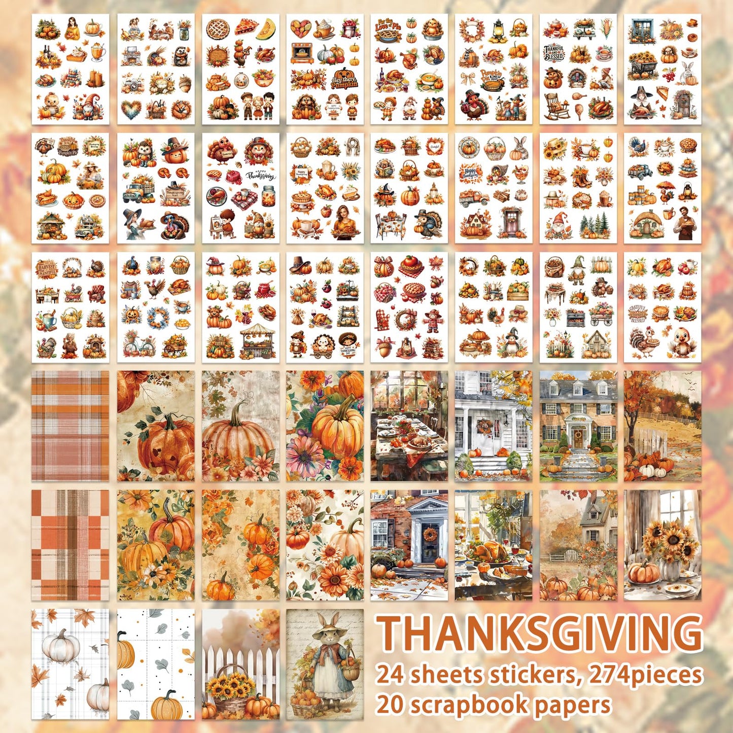 Bomichi Thanksgiving Sticker Book, 44 Sheets 274 Pcs Journaling Scrapbooking Stickers for Journaling Scrapbooking Bullet Journals Planners Letter Card Making Collage Art Crafts Water Bottle