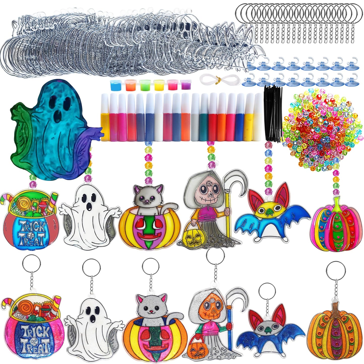 Ayhuhra 30 Sets Halloween Suncatcher Keychains Craft DIY Window Paint Art Suncatchers Witch Pumpkin Bat Cat Ghost Trick or Treat Sun Catchers for Halloween Activities Art Project