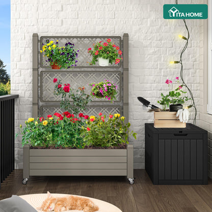 YITAHOME 43.3x17.7x61 in Planter Boxes Outdoor with Trellis, Resin Raised Garden Bed with Wheels & Drain Plug for Climbing Plants, Weather-Resistant Design Elevated Garden Bed with Trellis, Brown