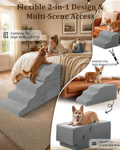 Dog Stairs for Bed, 22.8" H 5-Step Dog Steps for High Bed & Car, Non-Slip Stable Pet Stairs for Small Dogs, Gentle Climb Design, Foldable Pet Steps that Double as Cozy Pet Bed for Resting