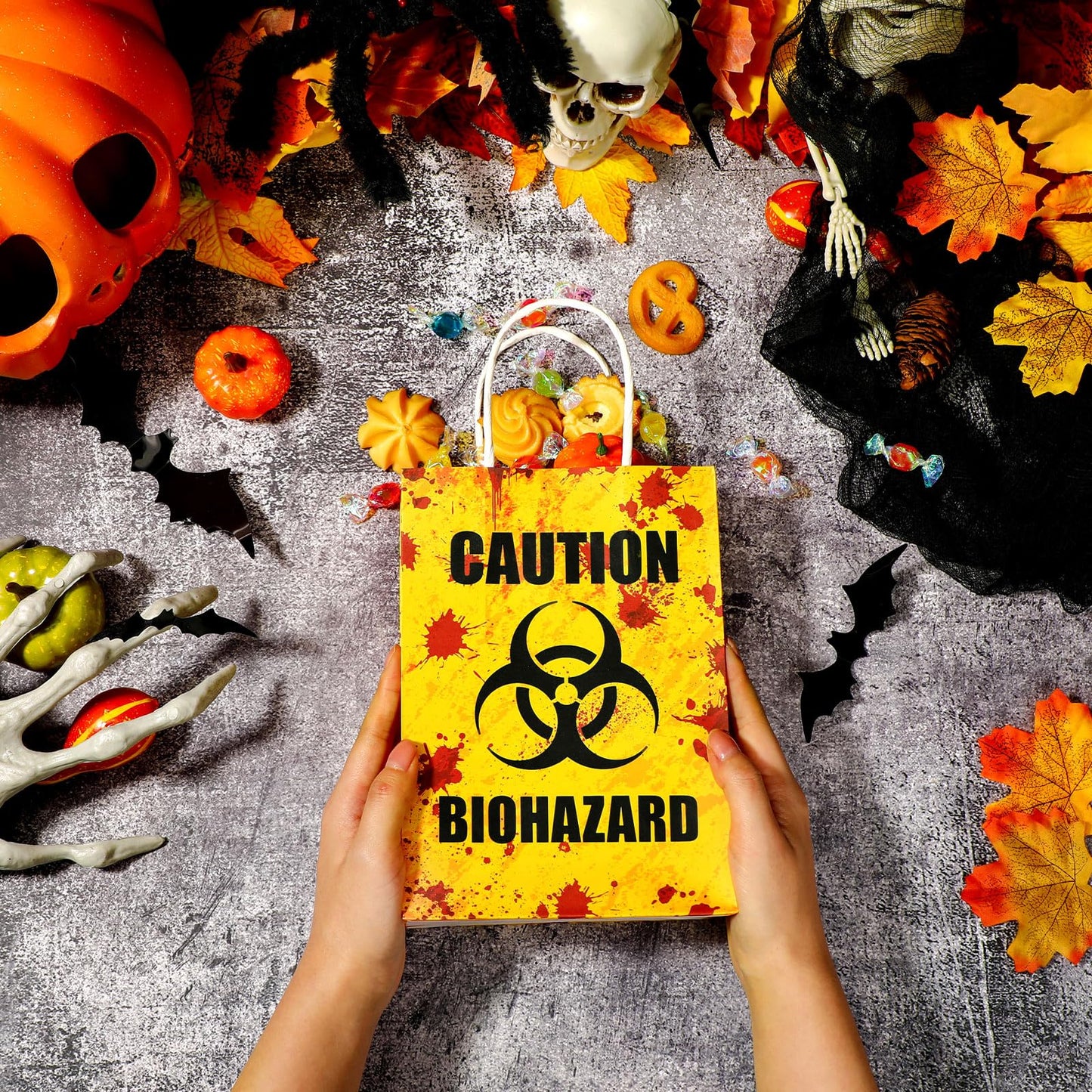 TaoBary 24 Pcs Halloween Biohazard Treat Bags Halloween Paper Gift Bags with Handles Zombie Theme Horror Party Favors for Candy Goodie Snacks Holiday Party Supplies