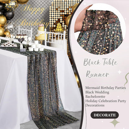 Black Sequin Table Runner 25"x120" Iridescent Table Runner Sparkly Fabric for Black Wedding Bachelorette Holiday Celebration Halloween Party Decorations