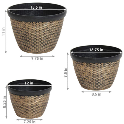 Sunnydaze 3-Piece Outdoor Planter Set - 12", 13", and 15" Resin Faux Basketweave Planters