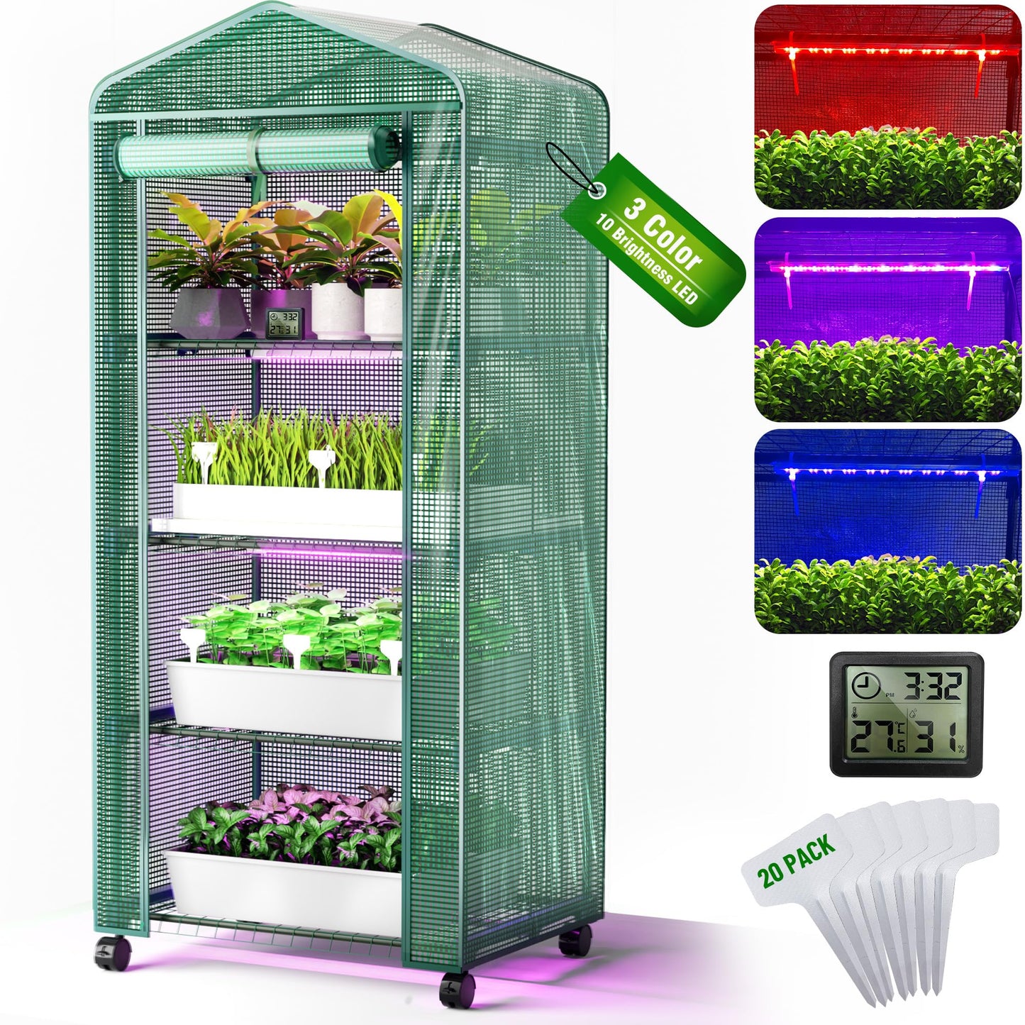 PYY Mini Indoor Greenhouse with Grow Light - Small Portable Outdoor Plant Green House Cabinet with Wheels, Thermometer, PE Tent Cover, 4 Dimmable 3 Color 2FT 36W LED Kit, 4 Tier Gardening Shelves