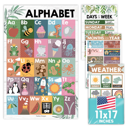 4 Farmhouse Kids Educational Posters For Toddlers,Alphabet Poster For Toddlers, Days Of The Week For Kids, Months Of The Year For Classroom Decorations For Teachers, Kindergarten Homeschool Supplies…