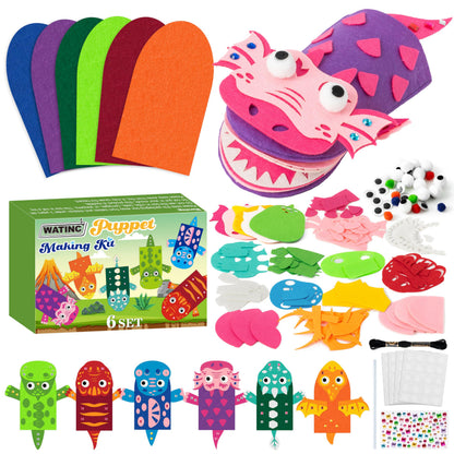 WATINC 6Pcs Hand Puppet Making Kit, Art Craft Felt Sock Puppet Toys, Creative DIY Make Your Own Pompoms Wiggle Googly Eyes Storytelling Role Play Party Supplies Gift for Girls Boys (Dinosaurs B)