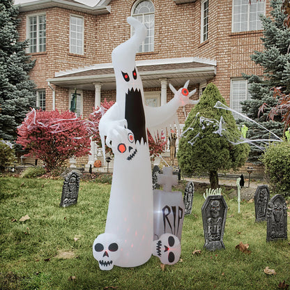 HOPOCO 12 FT Halloween Inflatables Outdoor Halloween Blow Up Yard Decorations Horror White Ghost with 3 Skull Heads Bleeding Eyeball Tombstone Halloween Decorations Clearance for Party Yard Garden