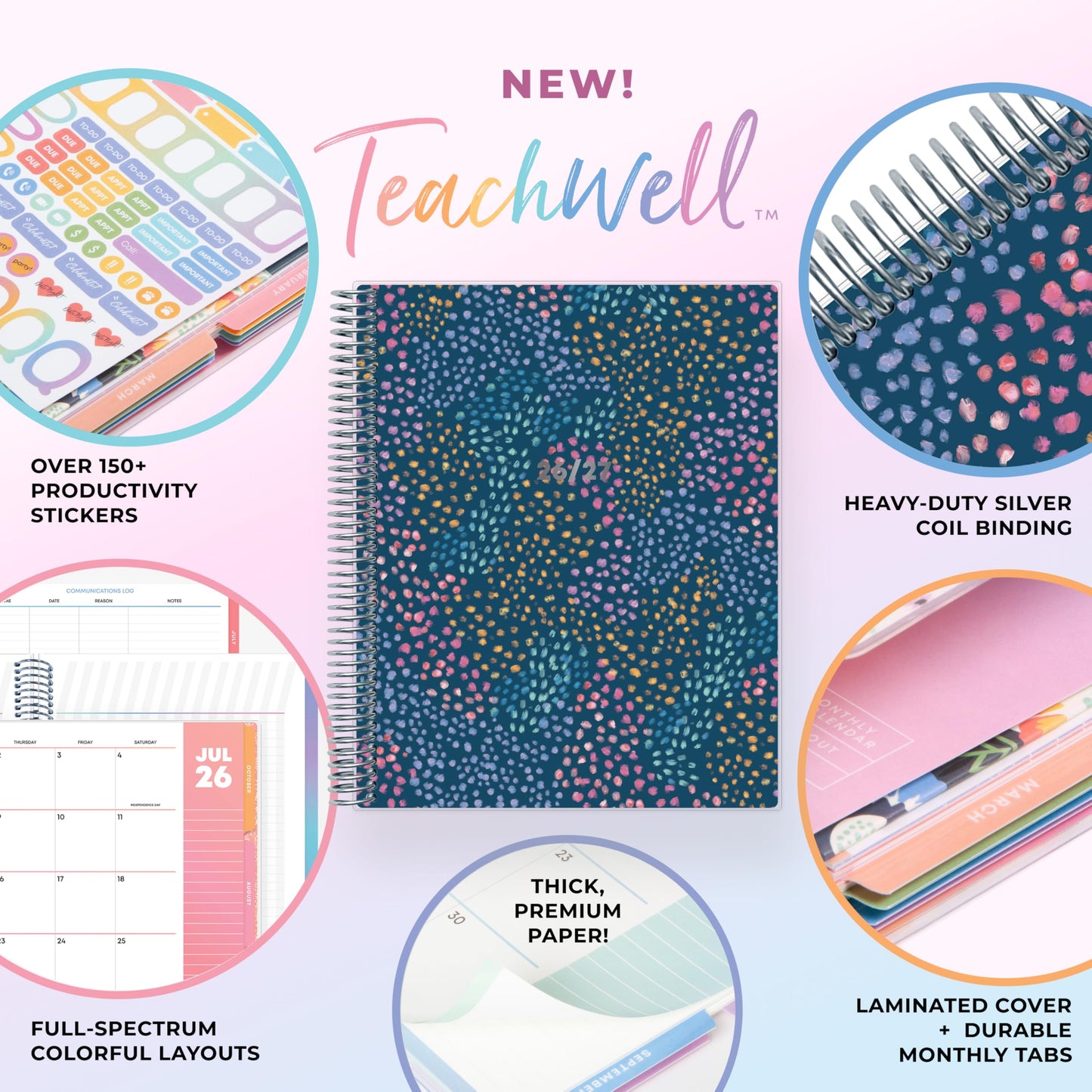 Blue Sky Teachwell 2026-2027 Weekly and Monthly Academic Year Teacher Lesson Planner Calendar, July 2026 - June 2027, 8.5" x 11", Flexible Cover, Heavy Duty Coil Binding, Colorful Interior, Laminated Tabs, Storage Pocket, Includes Stickers, Mikki
