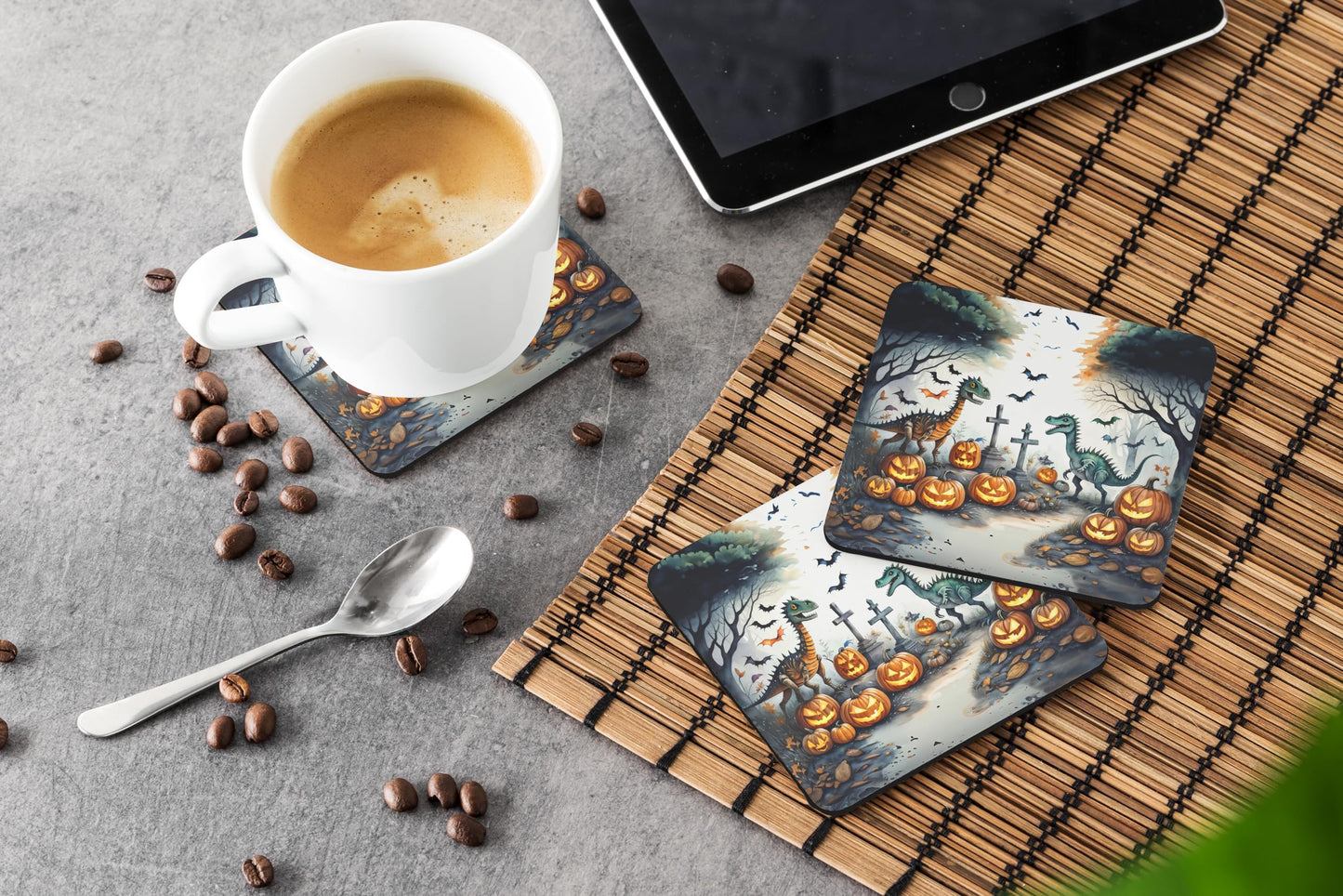 Caroline's Treasures Dinosaurs Spooky Halloween Foam Coaster Set of 4 Cup Coasters for Indoor and Outdoor, Coaster for Tabletop Protection, Anti Slip, Mouse pad Material