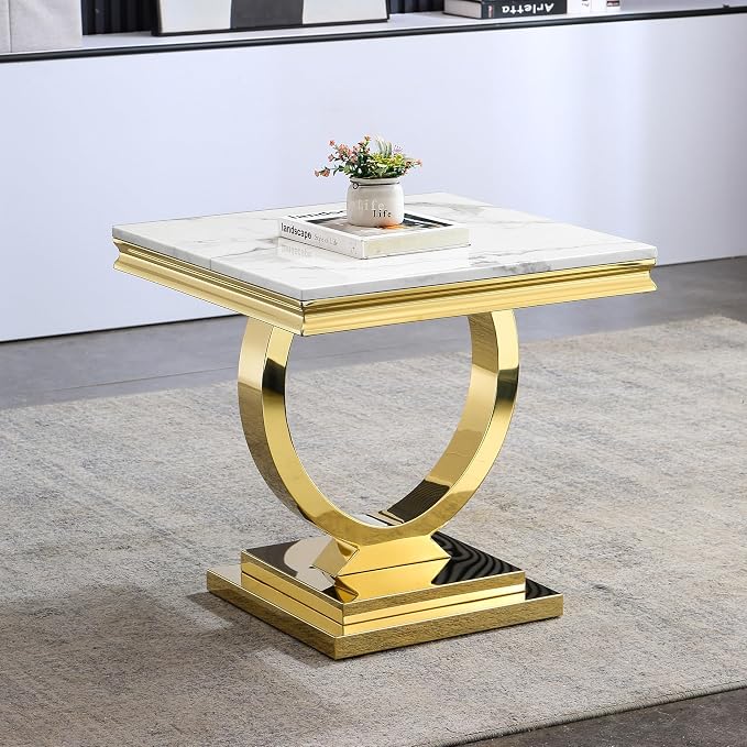 2 Piece Living Room Table Set Include 1 Faux Marble Coffee Table & 1 End Table, Modern White Gold Coffee Table Set of 2 with Double O Shape Stainless Steel Pedestal Base