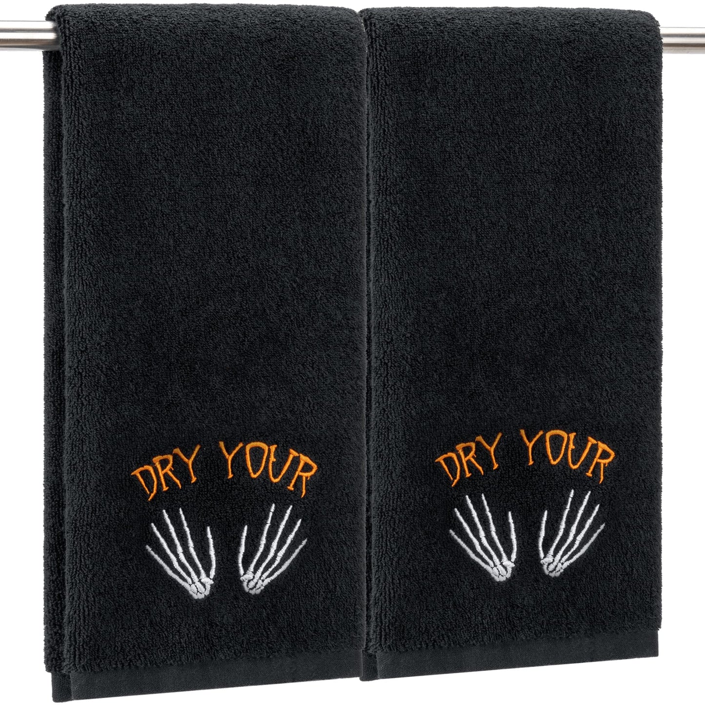 EraGleeVibe 2 Pcs Halloween Gothic Skull Skeleton Embroidered Hand Towels Black Dry Your Hands Cotton Towel for Bathroom Home Kithcen Skeleton Bathroom Towels Gift 13.4 x 29.5 Inch