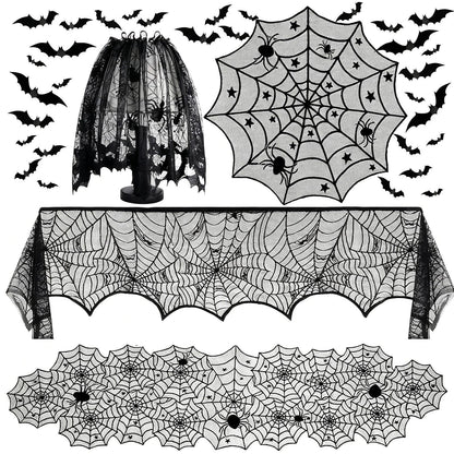 Zoonlinpp 5 Pack Halloween Decorations Indoor Black Lace Table Runner Fireplace Mantel Scarf Cover Spider Web Tablecloth Cobweb Lampshade with 32 Pcs Bat Wall Stickers Spooky Party Decor