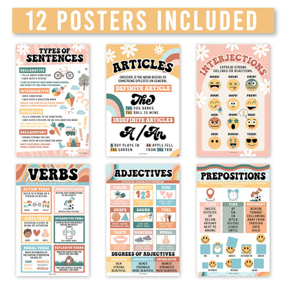 Parts of Speech Posters for Classroom Must Haves - 12 Grammar Posters, Writing Process for Homeschool, Elementary & Middle School, ELA 3rd 4th & 5th Grade Teacher Must Haves, Retro Classroom Decor