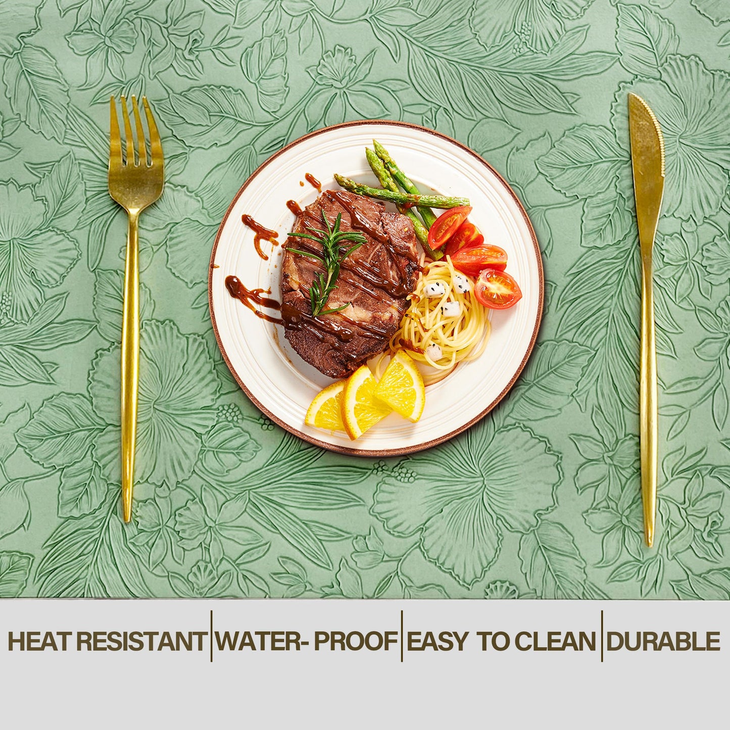 Double-Sided Reversible Placemats Set of 4, Heat Stain Non-Slip Waterproof Oil-Proof Washable Wipeable Table Mats Outdoor Indoor for Dining Patio Table Kitchen Decor (Green)