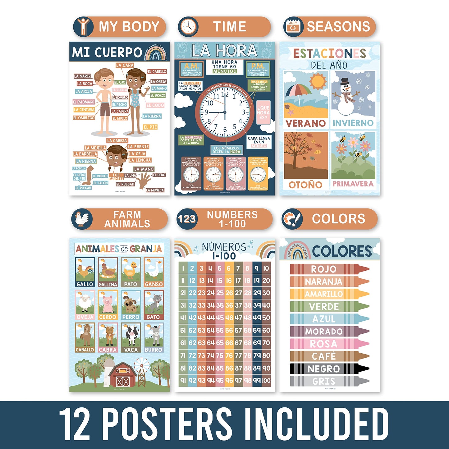 Hadley Designs Spanish Posters for Classroom - 12 Bilingual Educational Posters for Spanish Classroom Decorations Must Haves, Calendario y Alfabeto en Español Para la Pared, Boho Teacher Supplies